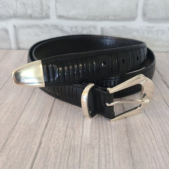 Mezlan Black Leather Ribbed Dress Belt Made in Spain Mens 40 Silver Buckle 3109